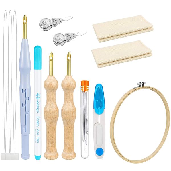 Dreamtop 22 Pieces Punch Needle Embroidery Kit Wooden Handle Embroidery Pens Adjustable Rug Yarn Punch Needle Punch Needle Cloth Needle Threader Tools for DIY Sewing Embroidery