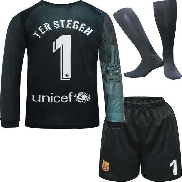 NIHMEX Barcelona TER Stegen Kinder Torwart Trikot Fußball #1, Neu Saison, Shorts Socken Torwarttrikot (Schwarz (Langarm),26)