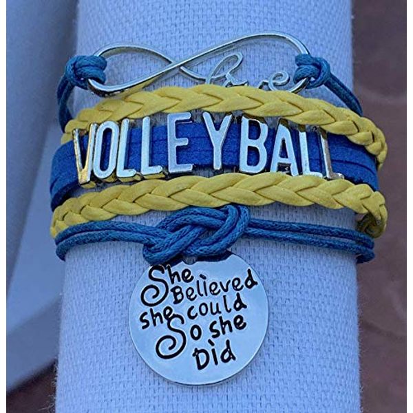 Sportybella Volleyball Charm Bracelet - Volleyball Jewelry - Volleyball She Believed She Could Bracelet for Volleyball Players - Volleyball Gifts for Players (Blue/Yellow)