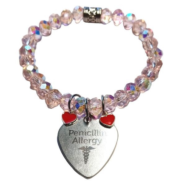 Medical Alert Penicillin Allergy Beaded Bracelet Pink with Charm