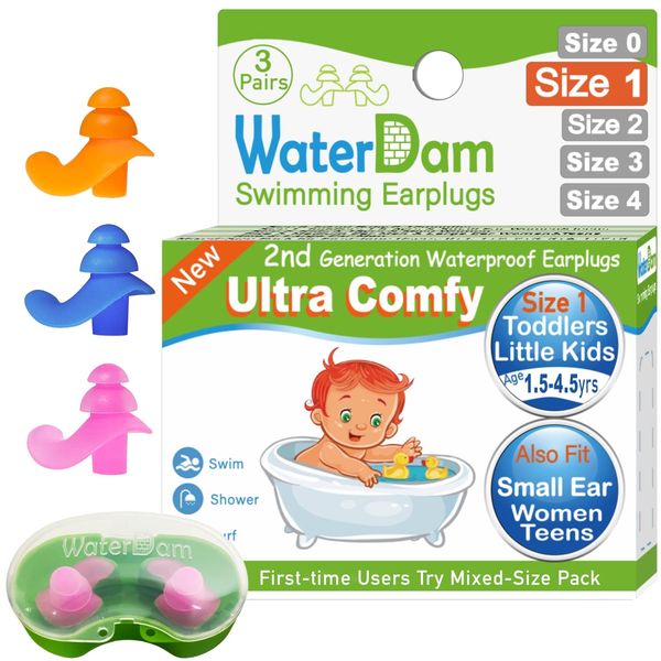 WaterDam Swimming Ear Plugs Great Waterproof Ultra Comfy Earplugs Prevent Swimmer's Ear (Size 1+1+1: Toddlers & ExtraSmall Ear Teens&Women (Orange Blue Pink))