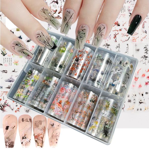 XEAOHESY 10 Rolls Traditional Chinese Style Nail Foil Transfer Stickers Plum Orchid Bamboo Ink Painting Pattern Nail Foil Sheets Transfer Foils Stickers Classical Nail Art Decorations Nail Supplies