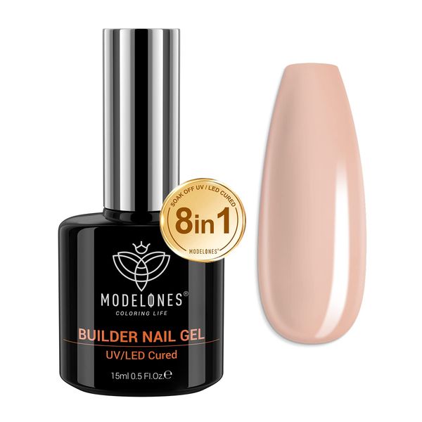 Modelones Gel Nail Polish Builder Nail Gel, 8-in-1 Neutral Nude Brown Gel Builder for Nails, Hard Gel Builder Nail Strengthener Extension Gel Base False Nail Tips Glue Gel in a Bottle 15ML