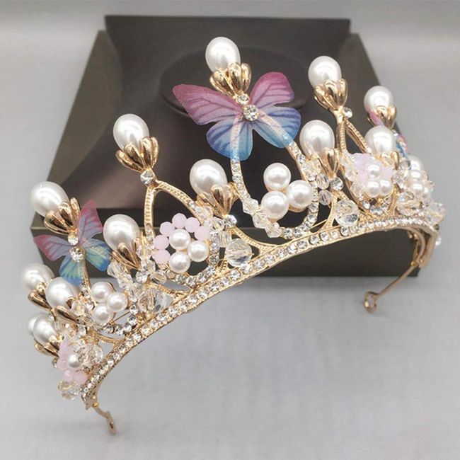 COCIDE Butterfly Tiara and Crown for Girls Gold Tiara for Women Pearl Headband Hair Accessories for Birthday Party Wedding Flower Girl Decoration Accessory…