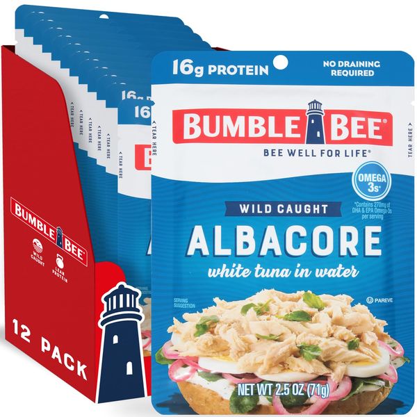 BUMBLE BEE Premium Albacore Tuna in Water, Tuna Fish, High Protein Food, Keto Food and Snacks, Gluten Free Food, High Protein Snacks, Canned Food, Bulk Tuna, 2.5 Ounce Pouches (Pack of 12)