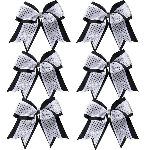 Cheerleader Bows 8 Inch 3 Layers 6 Pcs Ponytail Holder Jumbo Cheerleading Bows Hair Elastic Hair Tie for High School College (Black/White/Silver)