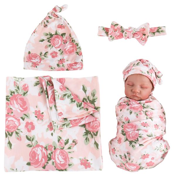 Aori Reborn Baby Doll Accessories Clothes Newborn Receiving Blanket with Headband and Hat Set Baby Swaddle Floral 3-Piece Swaddle Nursery Swaddle Wrap for 18-24 inch Reborn Doll