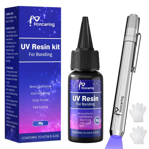 Honcaring UV Resin Kit with Light, Fast Drying Beginner-Friendly Kit, Bonding & Repairing in Seconds, 30g/1oz Clear UV Glue with UV Penlight for Resin, Plastic, Glass, Acrylic