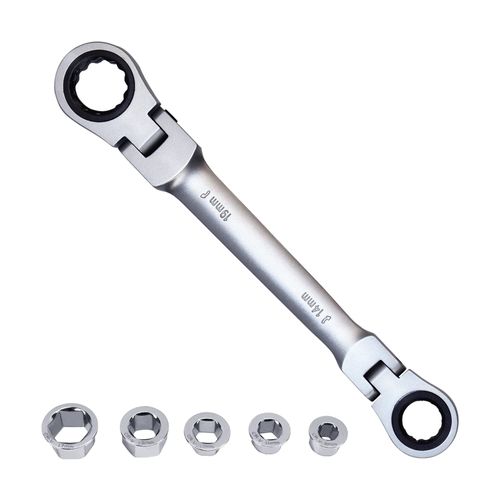 LOSCHEN]180°Flex-Head Ratcheting Combination Wrench Set 7-in-1 Double Box End Ratchet Spanner with 8, 10, 12, 13,14,17,19mm, Metric Wrench, Chrome-Plated CV Steel