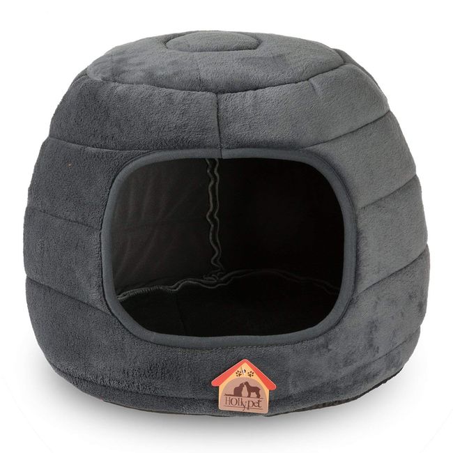 Hollypet Coral Velvet Cat Bed, 16×16×12.5 inches 2 in 1 Foldable Cave, Self-Warming High Elastic Foam Pet Bed for Cats, Dark Gray