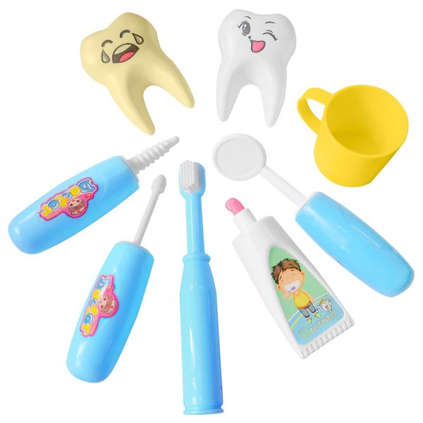 8 Pieces Cartoon Dental Pretend Dentist Play Set - Cute Teeth Models with Toothbrushes, Dental Tools Kit, Toothpaste, and Cup for Toothbrushing Trainer, Teeth Development Tool for Toddler Kids (Blue)