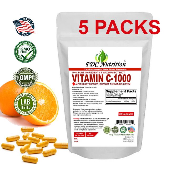 FDC NUTRITION Vitamin C 1000mg - Immune Support - 300 Capsules 5 PACKS