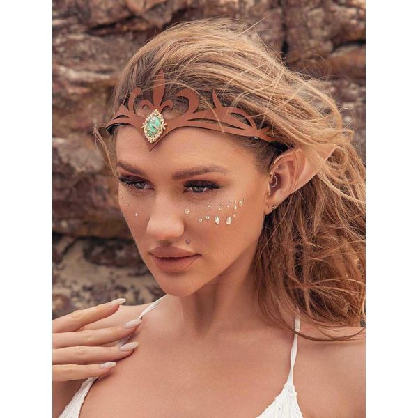 Aukmla Fairy Crown Headband Vintage Rhinestones Costume Goddess Headpiece with Elf Ears Halloween Cosplay Headdress for Women (Brown)