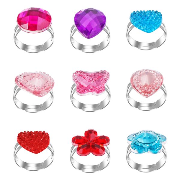 Abeillo 9 Pcs Little Girls Rings, Adjustable Kids Jewellery Rings Sets for Girls, Girls Princess Pretend Dress Up Jewelry Toy Cute Kids Rings for Girls Birthday Party Favor Supplies