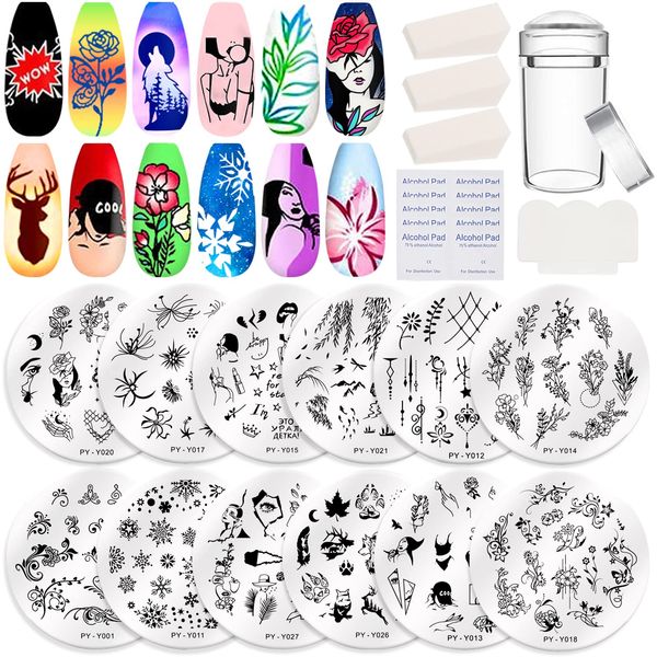 RUIJIE Nail Art Stamping Stempel Set, 12 Stück Nagel Kunst Template Schablonen, Nail Stamping Templates mit Schneeflocken, Stamping Platte für Maniküre Druck, Nail Design, Nagel Transfer Werkzeuge