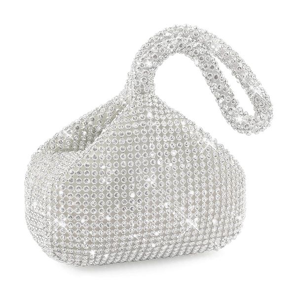 BELICOO Rhinestone Evening Bag, Women Sparkly Clutch Bag Bling Evening Aluminum Beaded Handbags for Prom Wedding Party Engagement (Silver Rhinestone)