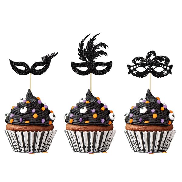 Gyufise 24Pcs Masquerade Masks Cupcake Toppers Glitter Bachelorette Party Mask Cupcake Food Fruit Picks Masquerade Mardi Gras Party Baby Shower Birthday Party Cake Decorations Black