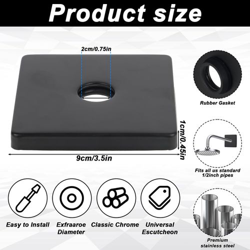 3.5 Inch Square Shower Flange Cover Large Shower Arm Flange Universal Replacement Escutcheon Cover Plate Wall Mount Covers Plate for Covering Gaps Holes（Black）
