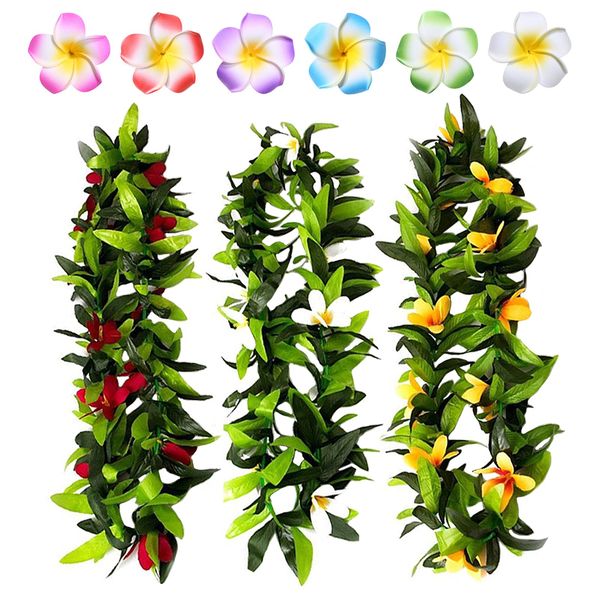 9 Pcs Hawaiian Leis Plumeria Hair Clips Hawaii Luau Tropical Flower Leaf Wreath Hairclip Women Floral Barrettes Hair Pins Headpiece Garland Necklace Wedding Summer Beach Vacation Party Decorations