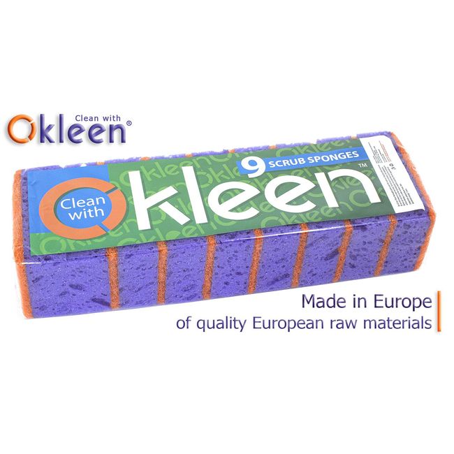 Okleen Pink Multi Use Scrub Sponges. Made in Europe. 9 Pack, 4.3x2.8x1.4  inches. Odorless Heavy Duty & Non Scratch Fiber. Durable and Delicate