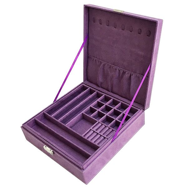 Sodynee® Purple Two-Layer Lint Jewelry Box Organizer Display Storage Case with Lock