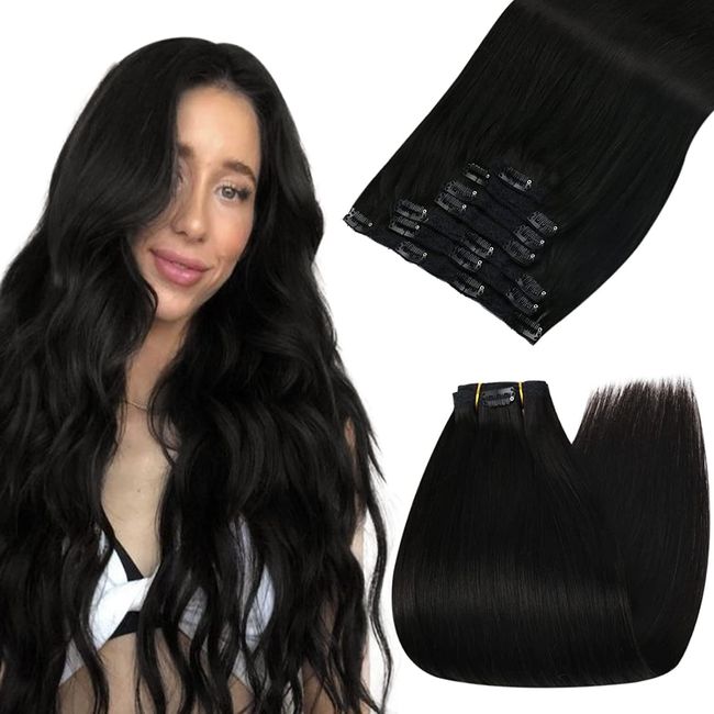 Ugeat Clip in Haarverdichtung Echthaar 50cm Extension Echthaar Clips Human Hair 105 Gramm Clip Extension Echthaar Schwarz Farbe 1B Verlängerung Echte Haare Clips 7 Stück Clip in Hair Extensions