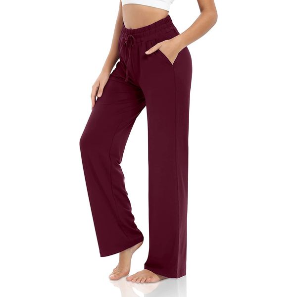 VIGVAN Jogginghose Damen Baumwolle Weites Bein Yogahose Sweatpants Freizeithose Lang Kordelzug Lose Lounge Pants Jogging Hose Hausehose Sporthose mit Taschen (Weinrot, M)