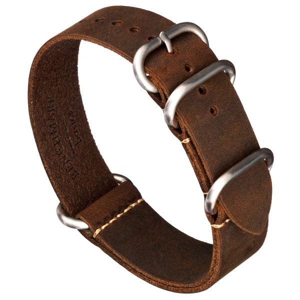 Benchmark Basics Leather Watch Band - Zulu Crazy Horse Oiled Leather One-Piece Watch Strap - 20mm Dark Brown