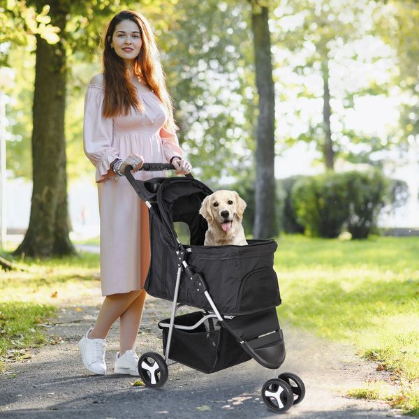 Foldable Pet Stroller 3 Wheels Cat Dog Stroller with Storage Basket Cup Holder