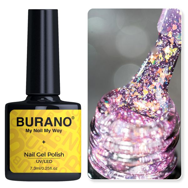 BURANO Holographic Gel Polish, Reflective Glitter Gel Polish 7.3ml UV LED Pink Glitter Gel Nail Polish for Home DIY, Diamond Gel Nail Polish Curing Required (YH37)