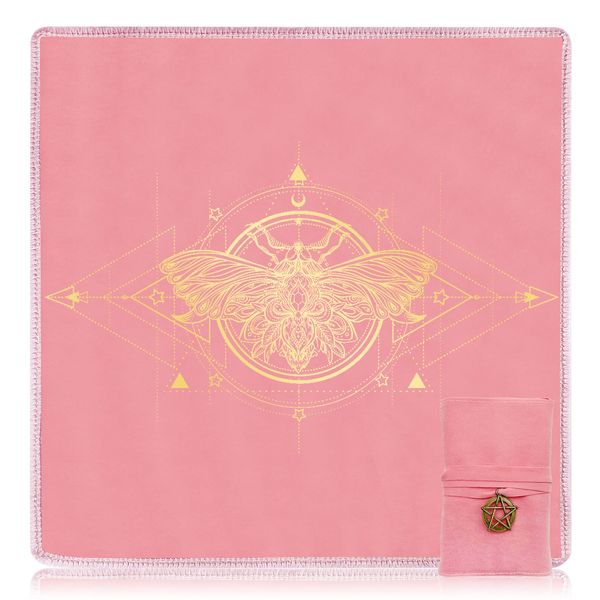 Knana 2Pcs Tarot Card Cloth - Velvet Tarot Cloth with Tarot Card Holder Bag, Golden Bee Pattern Altar Tarot Cloth 19.68 by 19.68 inches - Pink