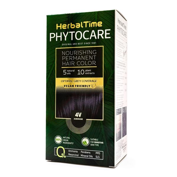 Herbal Time Phytocare Permanent Hair Dye, Aubergine 4V Professional Natural Hair Colour Kit, Nourishes and Protects Your Hair, No Ammonia, PPD and SLS, 124.5 ml