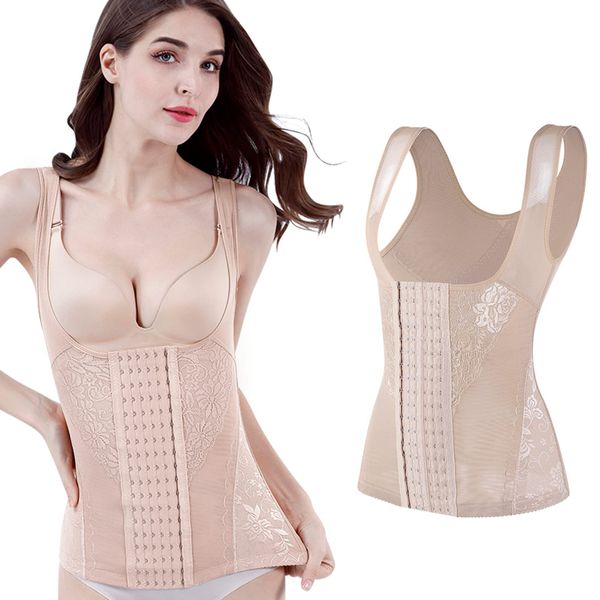 Smato Waist Cincher Tank Top with Built-In Bones, Women's Bodysuit, Waist Compression, Belt, Ribs, Tighten Corset, Long, beige