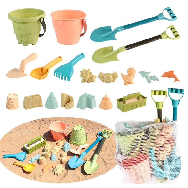 ZHTN-ITUY 19 Pieces Beach Sand Toys Set, Collapsible Beach Toys Includes Beach Bucket, Sand Shovel, Rake, Sand Castle, Animal Toys with Mesh Bag, Sand Castle Kit for Kids Age 3+