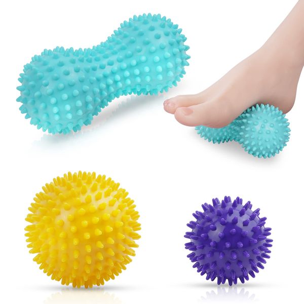 URAQT Spiky Massage Ball, 3 Pack Hard Spiky Massage Ball Roller Set, Professional Physical Therapy Massage Balls for Myofascial Release, Trigger Point Deep Tissue Massage, Plantar Fasciitis Recovery