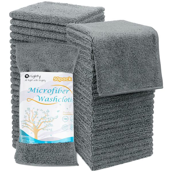 Orighty Microfiber Washcloths Towel Sets 50 Pack, Highly Absorbent and Super Soft Fingertip Towels, Multi-Purpose Wash Cloths for Bathroom, Hotel, Gym, and SPA, 12x12 Inch, Gery