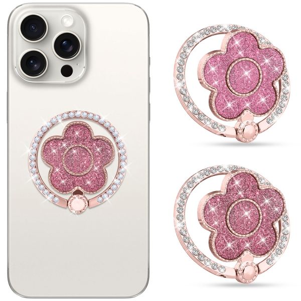 DaBuBu Glitter Cell Phone Metal Flower Ring Holder Stand, 180 Rotate Finger Ring Diamond Kickstand for Smartphones,2 Pack(Pink/Hot Pink Flower)