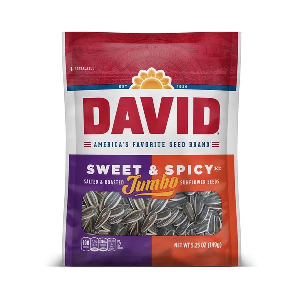 DAVID Seeds Roasted and Salted Sweet and Spicy Jumbo Sunflower Seeds, Keto Friendly, 5.25 oz (Pack of 1)