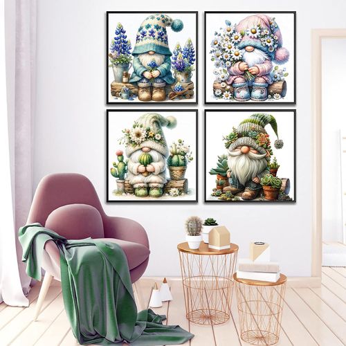 Diamond Art Kits for Adults, 4 Pack Spring Gnomes Diamond Painting Kits for Adults, 5D Round Full Drill Paint with Diamonds Gem Art Dots Crafts Painting Set for Home Wall Decor Gifts 12x12inch