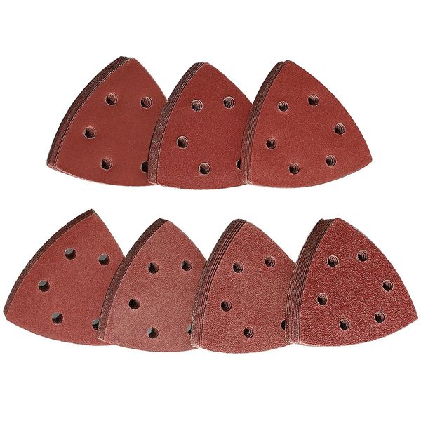 STEBRUAM Delta-Triangle Sanding Sheets, Sanding discs 70 Pieces Detail Sander Pads 6 Holes Triangle Sandpaper 10 x Grits 60/80/120/180/240/320/400 Triangle Sanding Pads 93 x 93 x 93 mm Sander Sheets