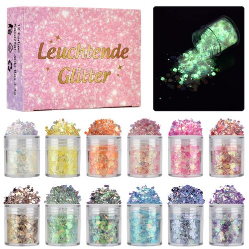 DealKits Glitter Face, 12 Colours Fluorescent Glitter for Face, Nails, Eyes, Hair - Chunky Sequin Glitter Powder Set for Festival, Carnival, Halloween, Parties and DIY Crafts