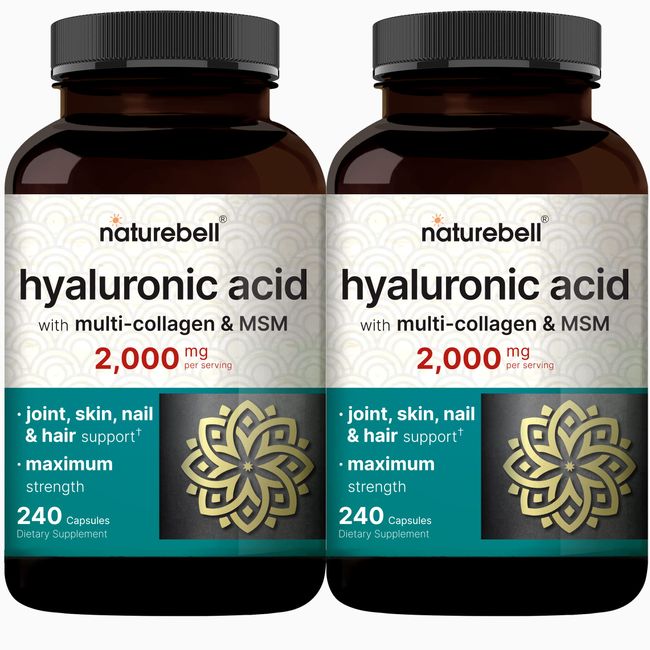 NatureBell 2 Pack Hyaluronic Acid Supplements 2000mg | 480 Total Capsules, with MSM & Multi Collagen – 3 in 1 Support – Skin Hydration, Joint Lubrication, Hair, and Eye Health