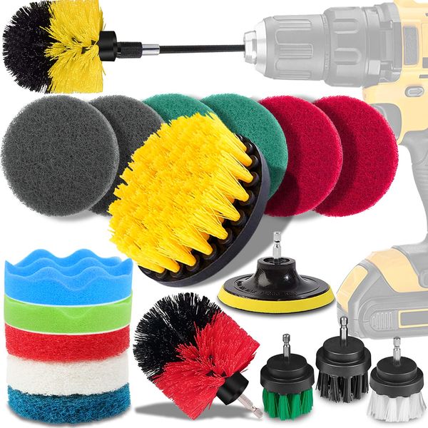 Electric Drill Brush GOH DODD 20 Piece Cleaning Brush Set with Electric Polisher Buffing and Scouring Pad Kitchen Bathroom Bath Cleaning Car Wash Set for Hex Head Driver