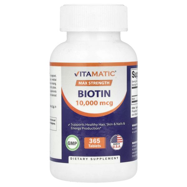 Biotin, Max Strength, 10,000 mcg, 365 Tablets