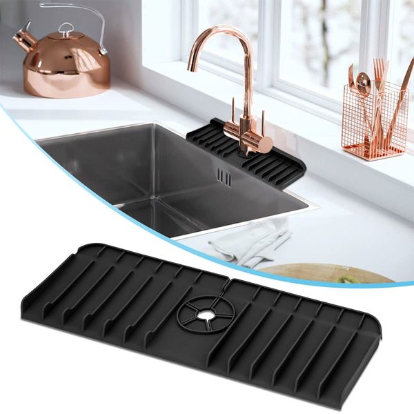 AEOOZGR Kitchen Sink Splash Guard, Silicone Sink Faucet Mat, Sink Draining Pad Behind Faucet, 14.5” x 5.4” Kitchen Sink Accessories, Faucet Absorbent Mat, Bathroom Faucet Water Catcher Mat (Black)