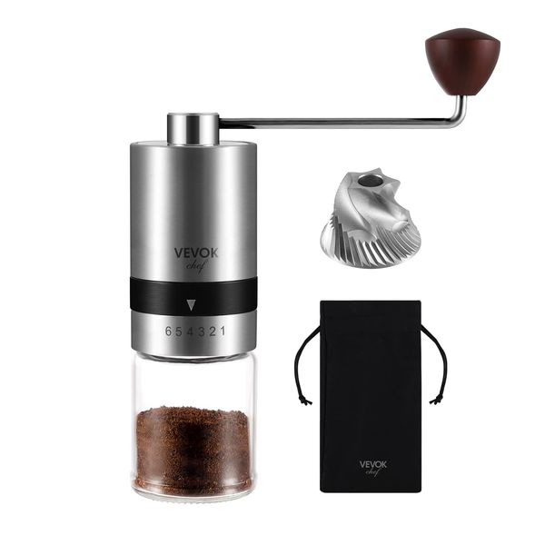 Vevok Chef Sliver Manual Burr Coffee Grinder, 6 Coarseness External Adjustable Settings,Stainless Steel Burr Mill Hand Coffee Grinder