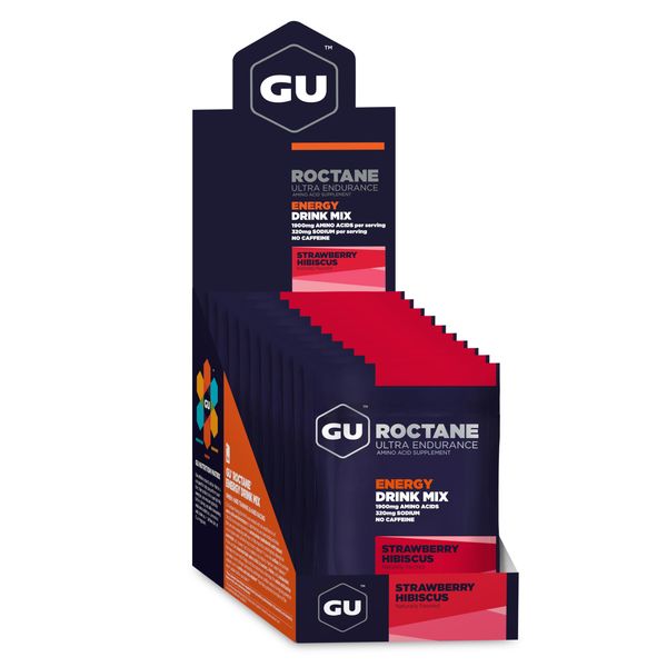 Gu Energy Roctane Ultra Endurance Energy Drink Mix, Vegan, Gluten-Free, Kosher, Caffeine- Free, and Dairy-Free n-The-Go Energy for Any Workout, 10 Single Serve Travel Size Packets, Strawberry Hibiscus