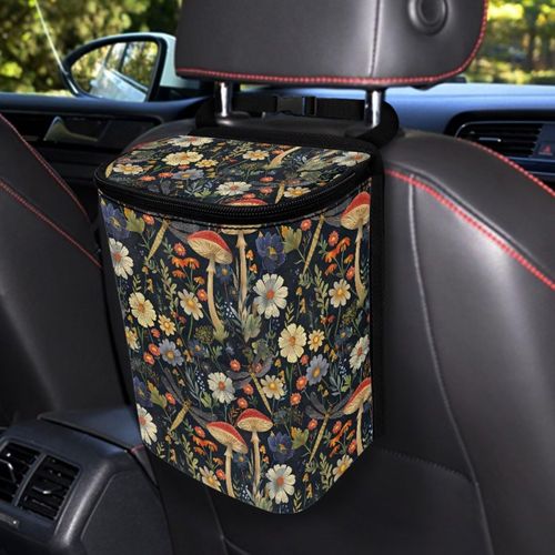 Renewold Retro Mushroom Dragonfly Daisy Car Trash Can Car Trash Bag Bin Automotive Car Garbage Cans Vehicle Trash Bag with Adjustable Straps Auto Waster Container with Zip Camping Picnicing Hiking Bag