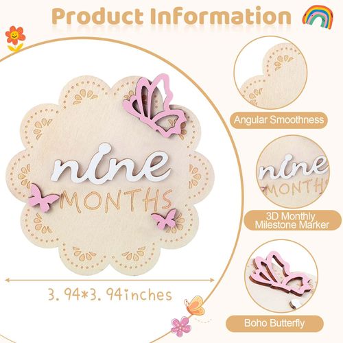Wonderjune 12 Pcs 3D Wooden Baby Monthly Milestone Cards Sign 1-12 Months Milestone Marker Discs Newborn Wood Memento Signs to Document Baby's Growth Announcement, Pregnancy Journey