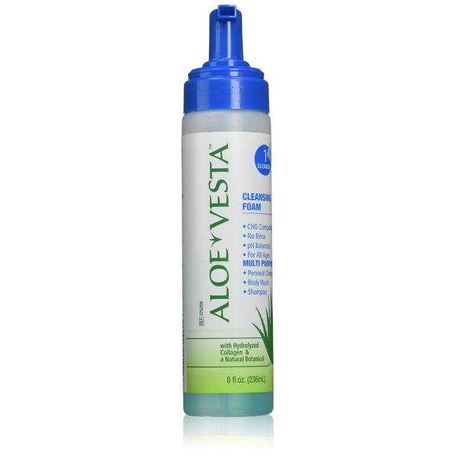 Aloe Vesta Cleansing Foam, No Rinse Skin Cleanser, Clean Scent - 8 Ounce Pump Bottle